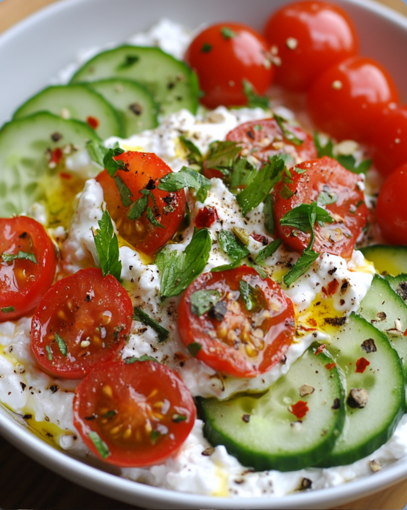 Cottage Cheese with Cherry Tomatoes or Cucumber Slices