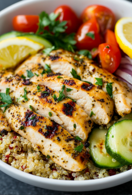 A vibrant bowl featuring juicy grilled lemon herb chicken breast sliced over a bed of fluffy quinoa, accompanied by crisp cucumber slices, cherry tomatoes, red onions, fresh parsley, and lemon wedges. A colorful and healthy meal perfect for clean eating and meal prep inspiration.