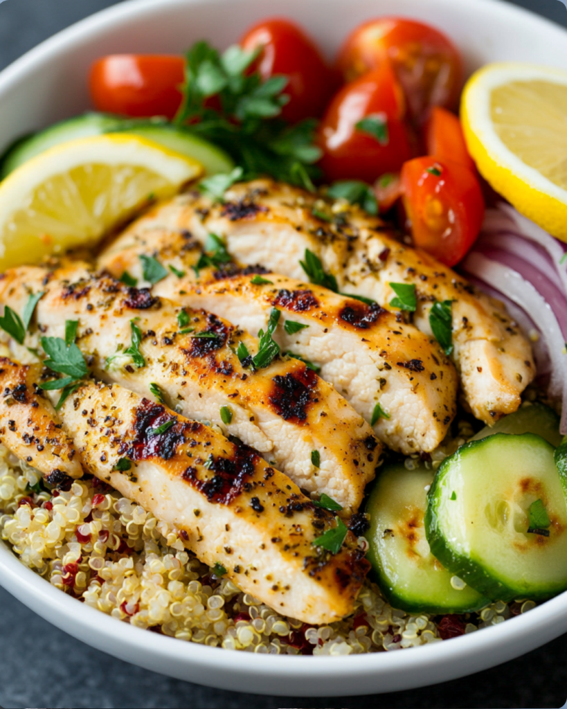 A vibrant bowl featuring juicy grilled lemon herb chicken breast sliced over a bed of fluffy quinoa, accompanied by crisp cucumber slices, cherry tomatoes, red onions, fresh parsley, and lemon wedges. A colorful and healthy meal perfect for clean eating and meal prep inspiration.