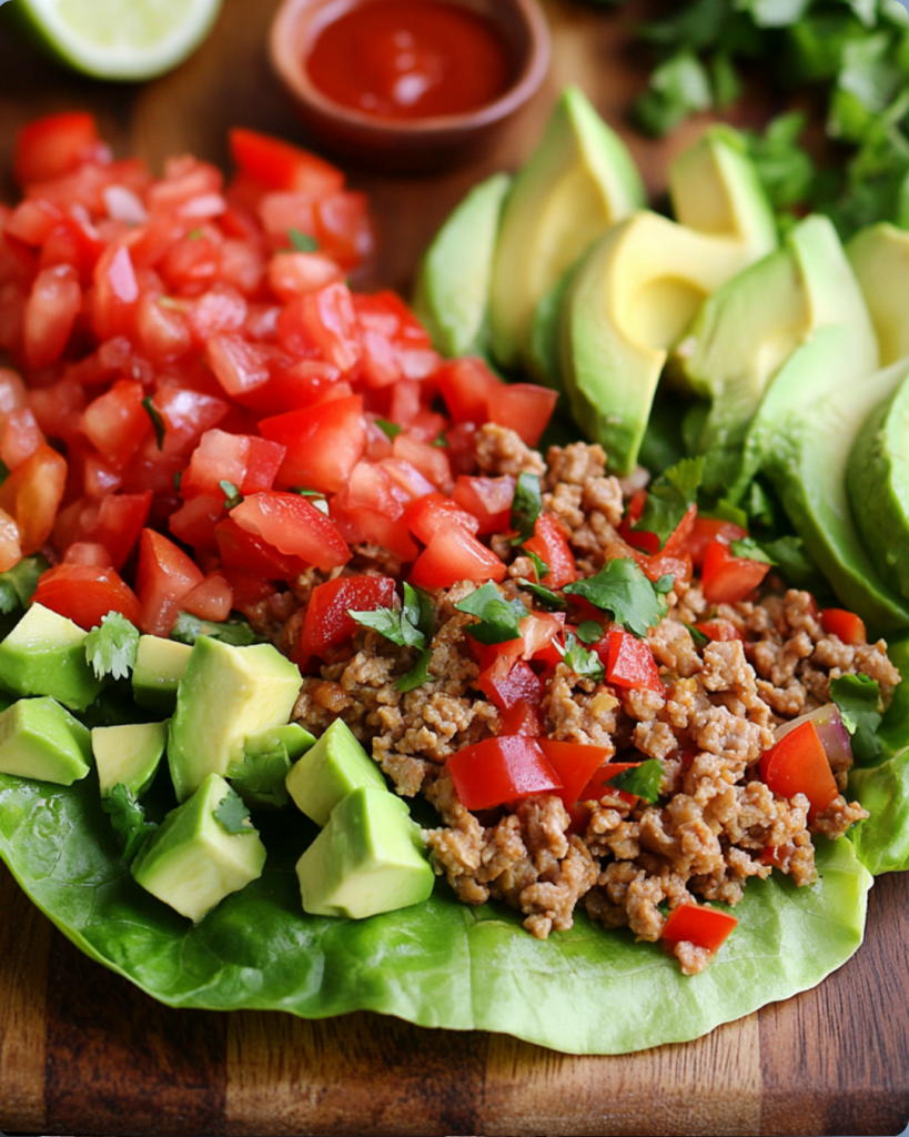 Lettuce wrap filled with ground turkey, diced tomatoes, avocado chunks, and fresh cilantro on a wooden board with lime and hot sauce in the background