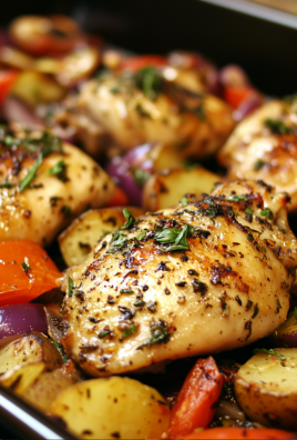 baking pan filled with seasoned chicken thighs and roasted vegetables. The chicken appears to be well-cooked, with a golden-brown color and herbs sprinkled on top. The vegetables include red onions, red peppers, and potatoes, all roasted to a tender consistency. This dish looks like a healthy and flavorful meal