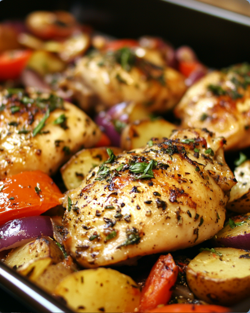 baking pan filled with seasoned chicken thighs and roasted vegetables. The chicken appears to be well-cooked, with a golden-brown color and herbs sprinkled on top. The vegetables include red onions, red peppers, and potatoes, all roasted to a tender consistency. This dish looks like a healthy and flavorful meal