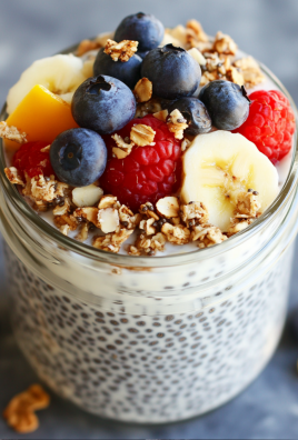 Chia yogurt parfait in a glass jar topped with blueberries, raspberries, banana slices, mango, and granola.