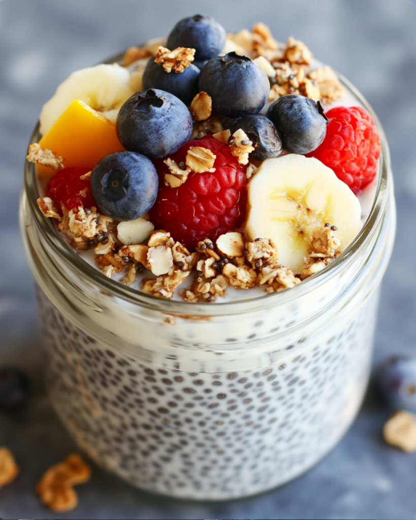 Chia yogurt parfait in a glass jar topped with blueberries, raspberries, banana slices, mango, and granola.