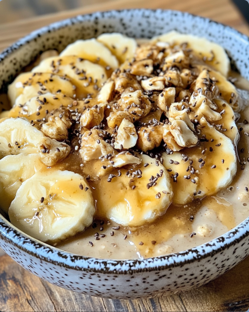 Bowl of oatmeal topped with banana slices, chopped walnuts, chia seeds, and syrup.