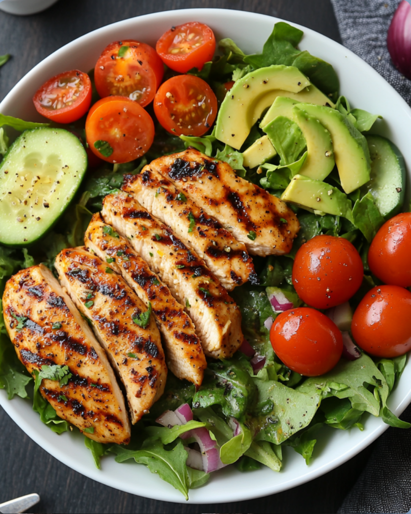 Grilled chicken salad bowl with avocado, cherry tomatoes, cucumber, and mixed greens.