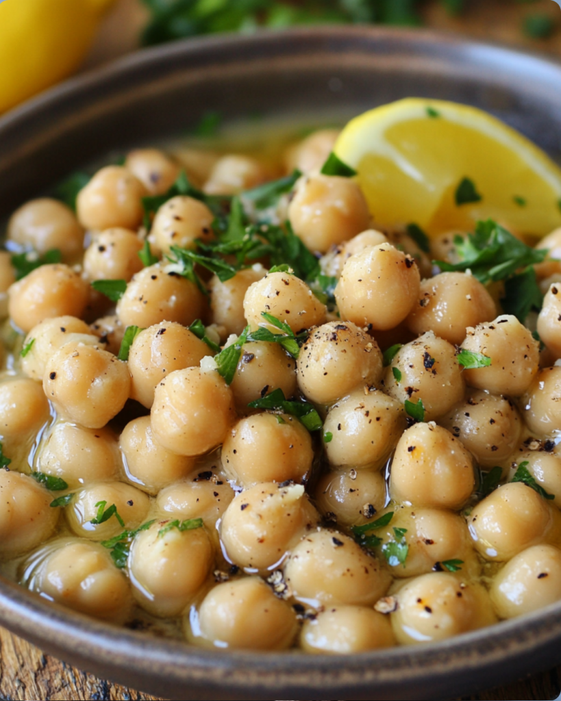 Bowl of chickpeas with lemon wedge, parsley, olive oil, and black pepper.