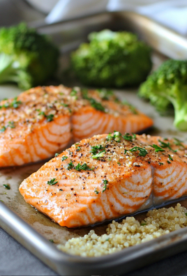Oven-baked salmon fillets with quinoa and broccoli on a baking tray, garnished with parsley and lemon.