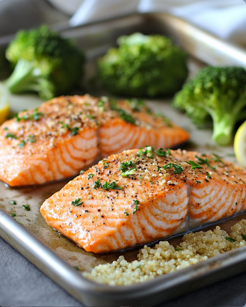 Oven-baked salmon fillets with quinoa and broccoli on a baking tray, garnished with parsley and lemon.