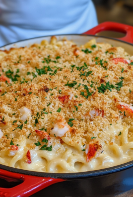 Fold lobster meat and cooked pasta into the cheese sauce until evenly coated.