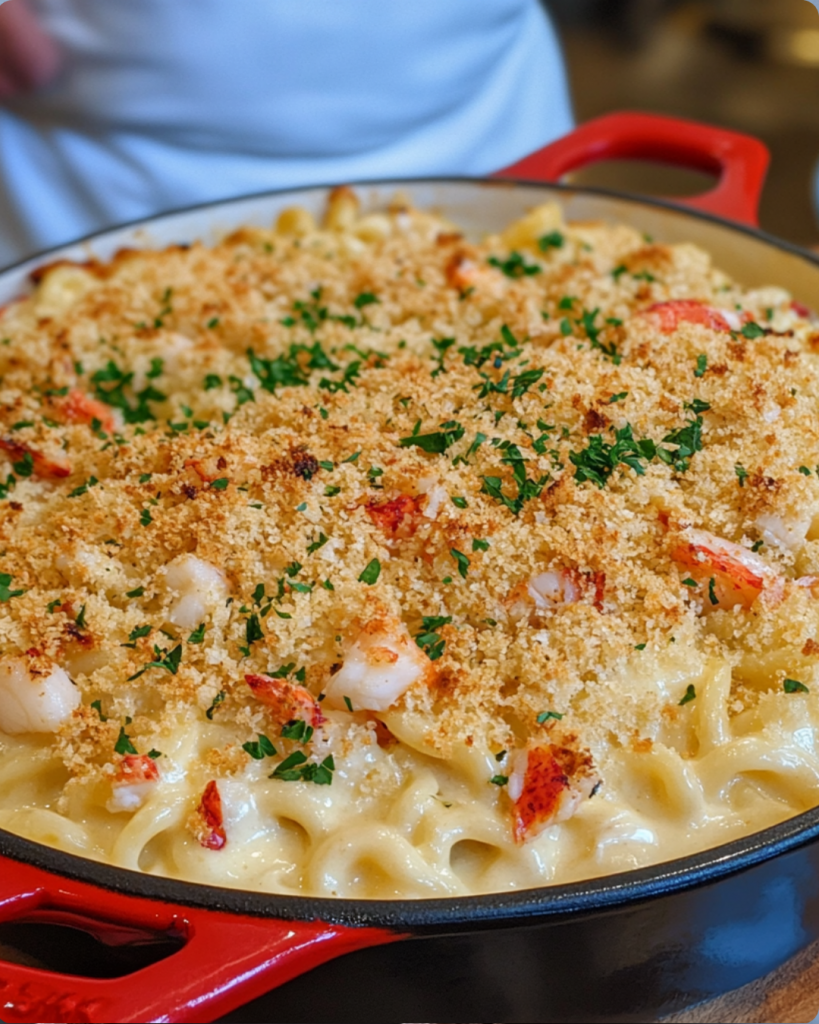 Fold lobster meat and cooked pasta into the cheese sauce until evenly coated.