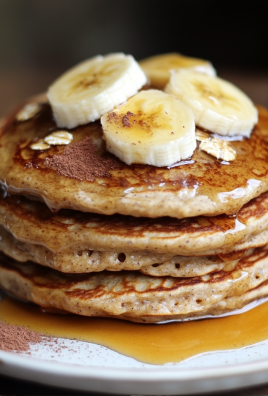 Stack of oat banana pancakes with banana slices and maple syrup
