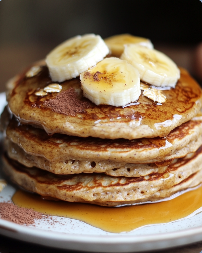 Stack of oat banana pancakes with banana slices and maple syrup