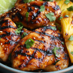 Close-up of juicy grilled pineapple chicken skewers garnished with fresh cilantro and sesame seeds, served with grilled pineapple slices and lime wedges in a ceramic bowl.