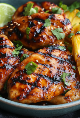 Close-up of juicy grilled pineapple chicken skewers garnished with fresh cilantro and sesame seeds, served with grilled pineapple slices and lime wedges in a ceramic bowl.