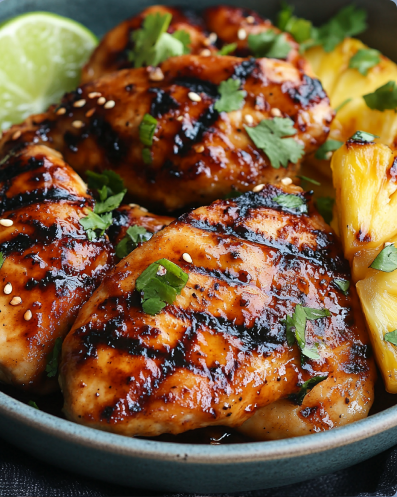 Close-up of juicy grilled pineapple chicken skewers garnished with fresh cilantro and sesame seeds, served with grilled pineapple slices and lime wedges in a ceramic bowl.