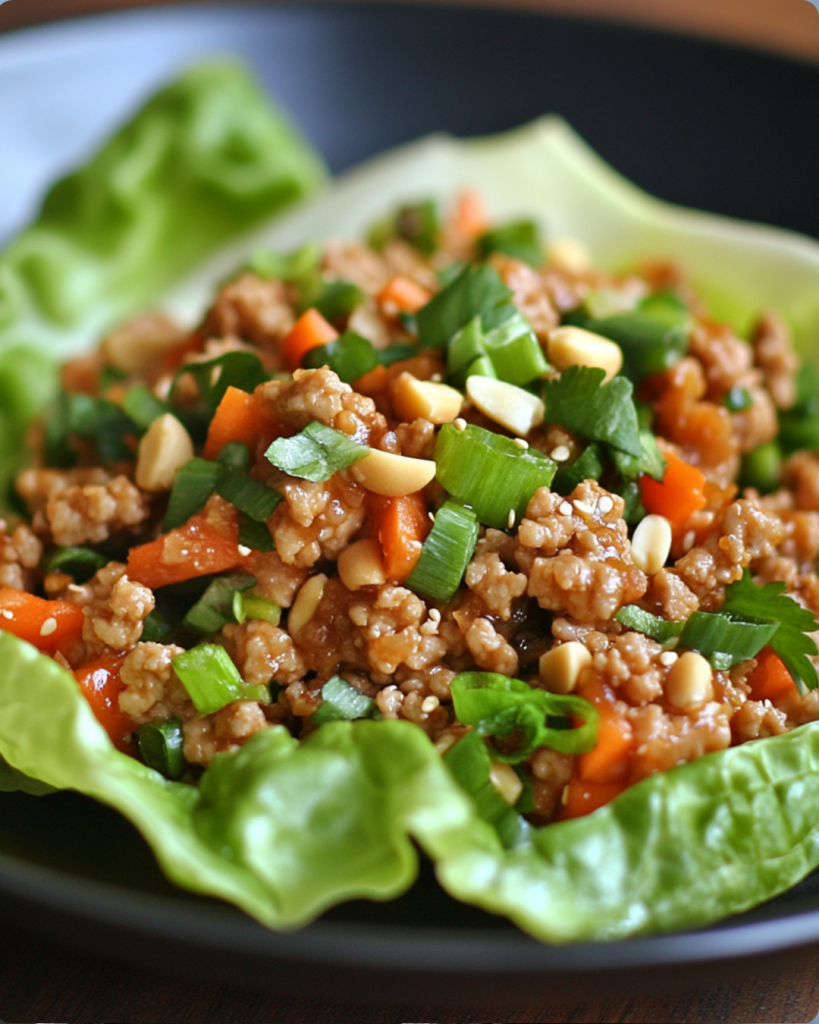 Close-up of Asian turkey lettuce cups with ground turkey, chopped carrots, green onions, and peanuts served in crisp butter lettuce leaves