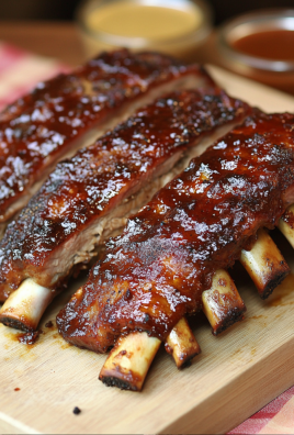 Juicy BBQ baby back ribs with a sticky glaze sliced on a wooden cutting board with dipping sauces in the background