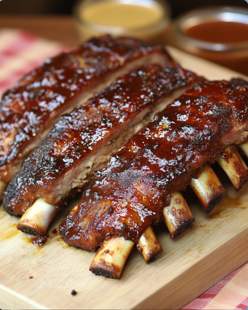 Juicy BBQ baby back ribs with a sticky glaze sliced on a wooden cutting board with dipping sauces in the background