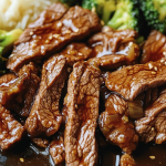 Close-up of juicy beef slices glazed in savory brown sauce, served with steamed broccoli and rice.