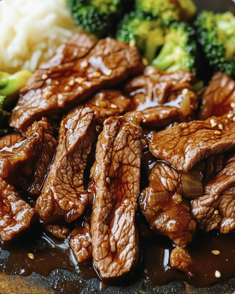 Close-up of juicy beef slices glazed in savory brown sauce, served with steamed broccoli and rice.