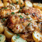 Roasted chicken thighs with baby potatoes in a skillet, garnished with parsley and Parmesan