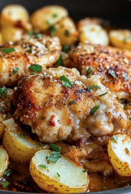 Roasted chicken thighs with baby potatoes in a skillet, garnished with parsley and Parmesan