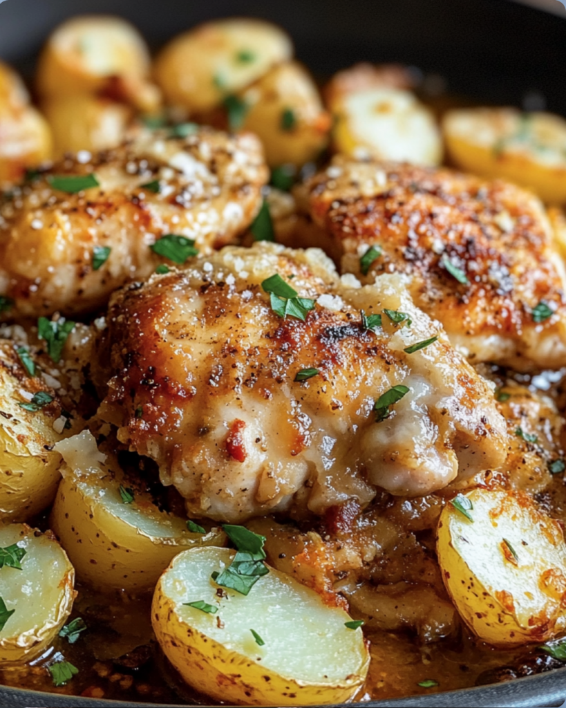 Roasted chicken thighs with baby potatoes in a skillet, garnished with parsley and Parmesan