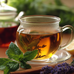 Glass cup of herbal tea with mint and lavender, surrounded by fresh herbs, lemon, and a cinnamon stick.