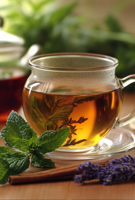 Glass cup of herbal tea with mint and lavender, surrounded by fresh herbs, lemon, and a cinnamon stick.