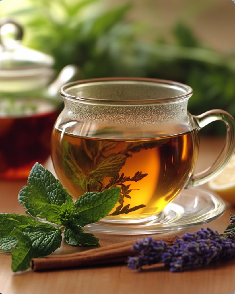 Glass cup of herbal tea with mint and lavender, surrounded by fresh herbs, lemon, and a cinnamon stick.
