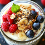 Greek yogurt with fresh berries, banana, granola, and chia seeds in a glass jar