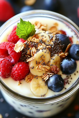 Greek yogurt with fresh berries, banana, granola, and chia seeds in a glass jar