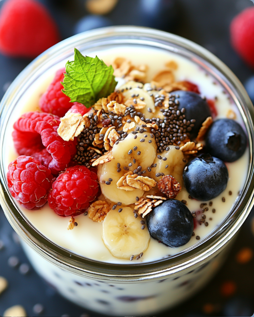 Greek yogurt with fresh berries, banana, granola, and chia seeds in a glass jar