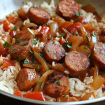 Smoked sausage slices with rice, onions, and peppers in a skillet.