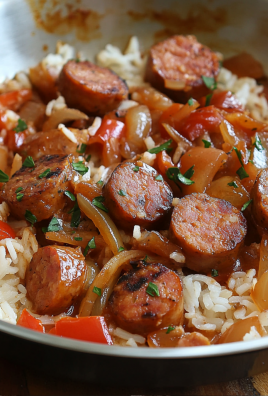 Smoked sausage slices with rice, onions, and peppers in a skillet.
