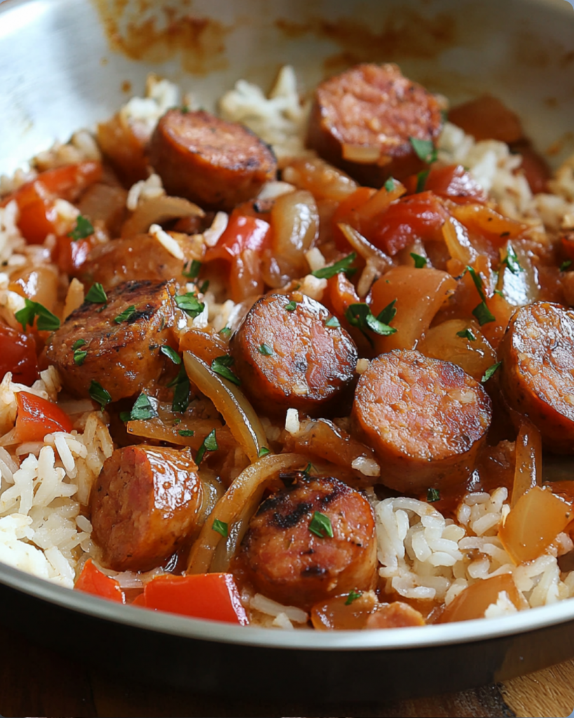 Smoked sausage slices with rice, onions, and peppers in a skillet.