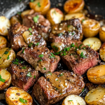 Seared garlic butter steak bites with golden baby potatoes in a cast iron skillet, garnished with fresh parsley