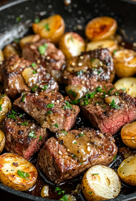 Seared garlic butter steak bites with golden baby potatoes in a cast iron skillet, garnished with fresh parsley