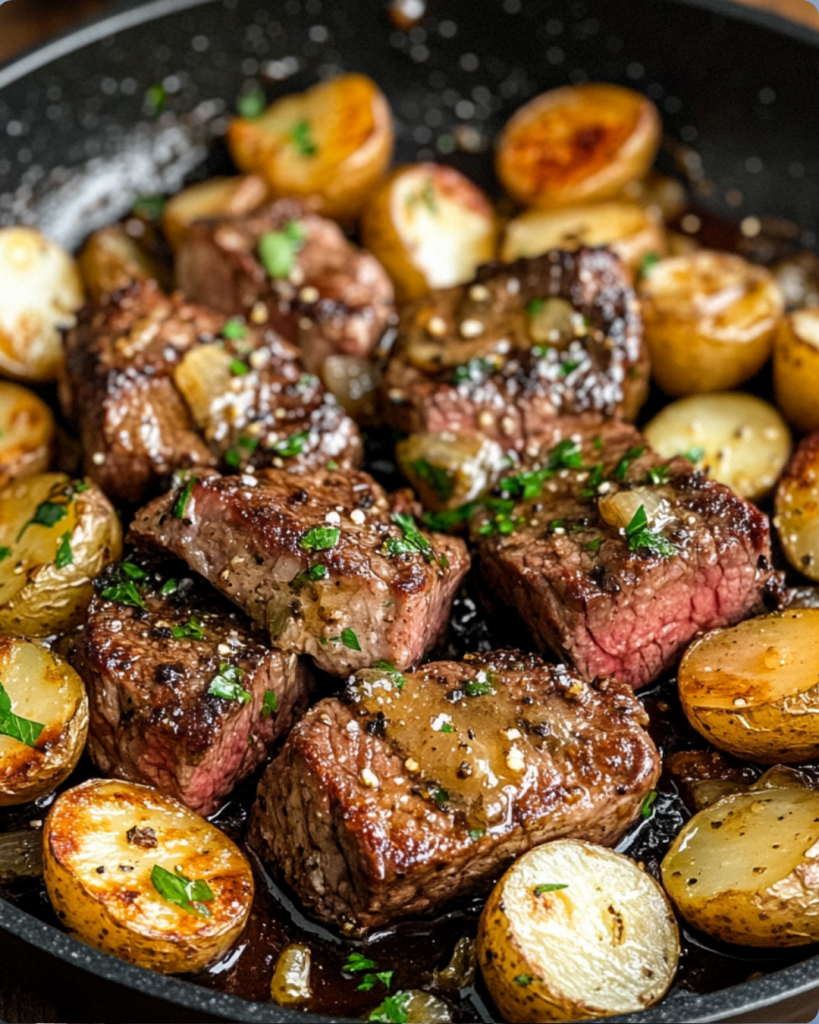 Seared garlic butter steak bites with golden baby potatoes in a cast iron skillet, garnished with fresh parsley