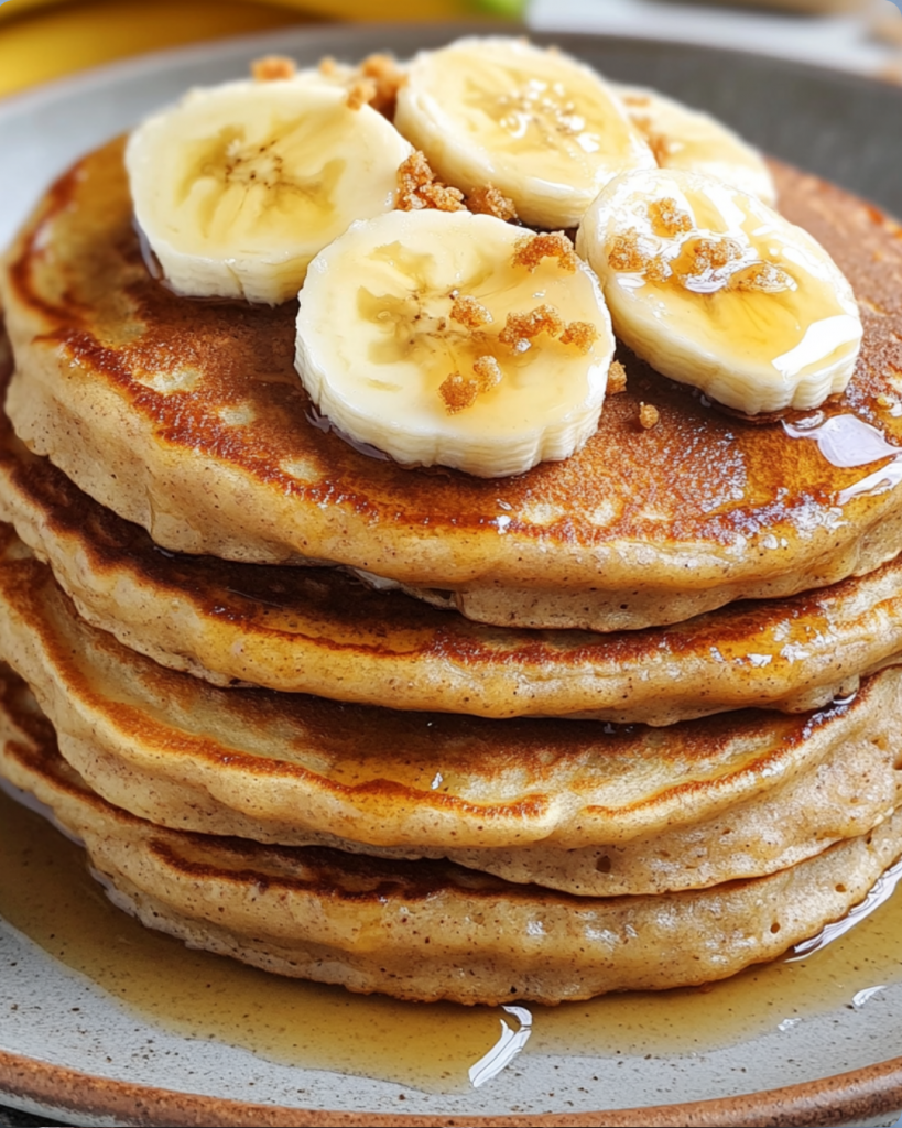 A stack of fluffy banana pancakes topped with fresh banana slices, brown sugar crumbles, and drizzled with maple syrup on a ceramic plate.