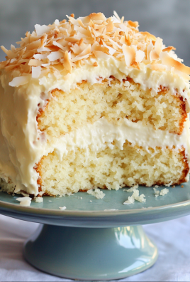 Moist coconut milk cake with creamy white frosting and toasted coconut flakes on a cake stand