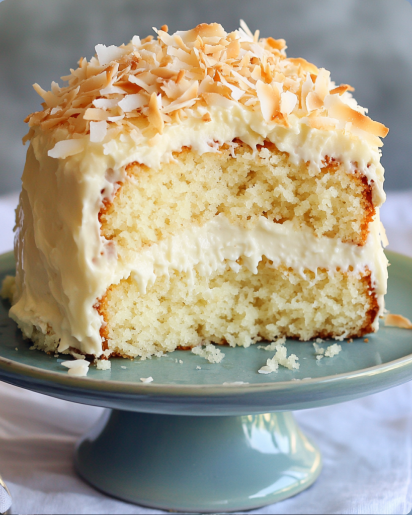 Moist coconut milk cake with creamy white frosting and toasted coconut flakes on a cake stand