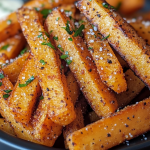 Crispy air fried sweet potato fries seasoned with herbs and salt in a black bowl.