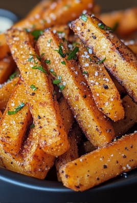 Crispy air fried sweet potato fries seasoned with herbs and salt in a black bowl.