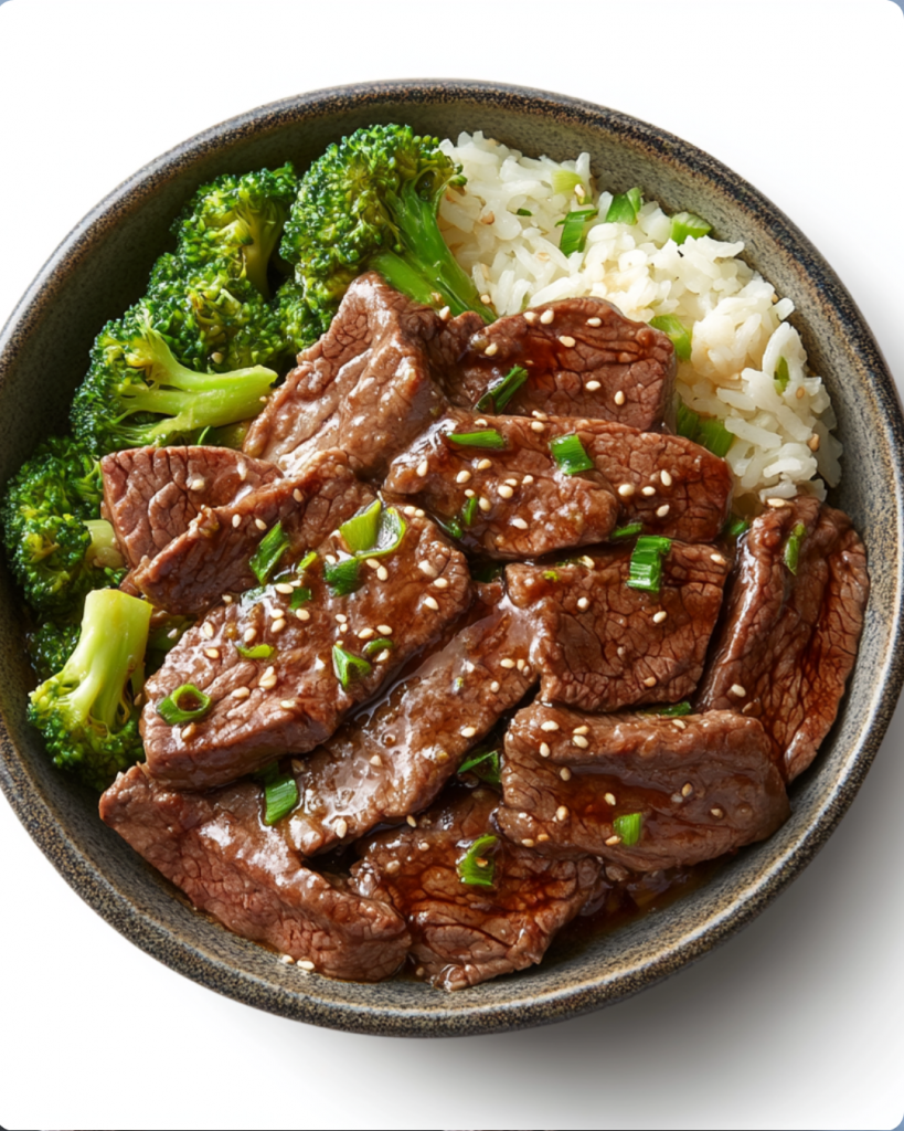 Beef and broccoli with white rice in a bowl, topped with sesame seeds and scallions.