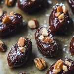 Close-up of Medjool dates stuffed with almonds, walnuts, and coated in dark chocolate, sprinkled with sea salt
