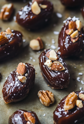 Close-up of Medjool dates stuffed with almonds, walnuts, and coated in dark chocolate, sprinkled with sea salt