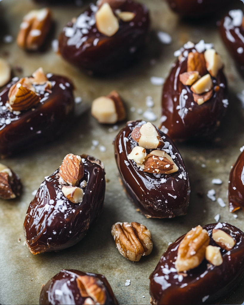 Close-up of Medjool dates stuffed with almonds, walnuts, and coated in dark chocolate, sprinkled with sea salt